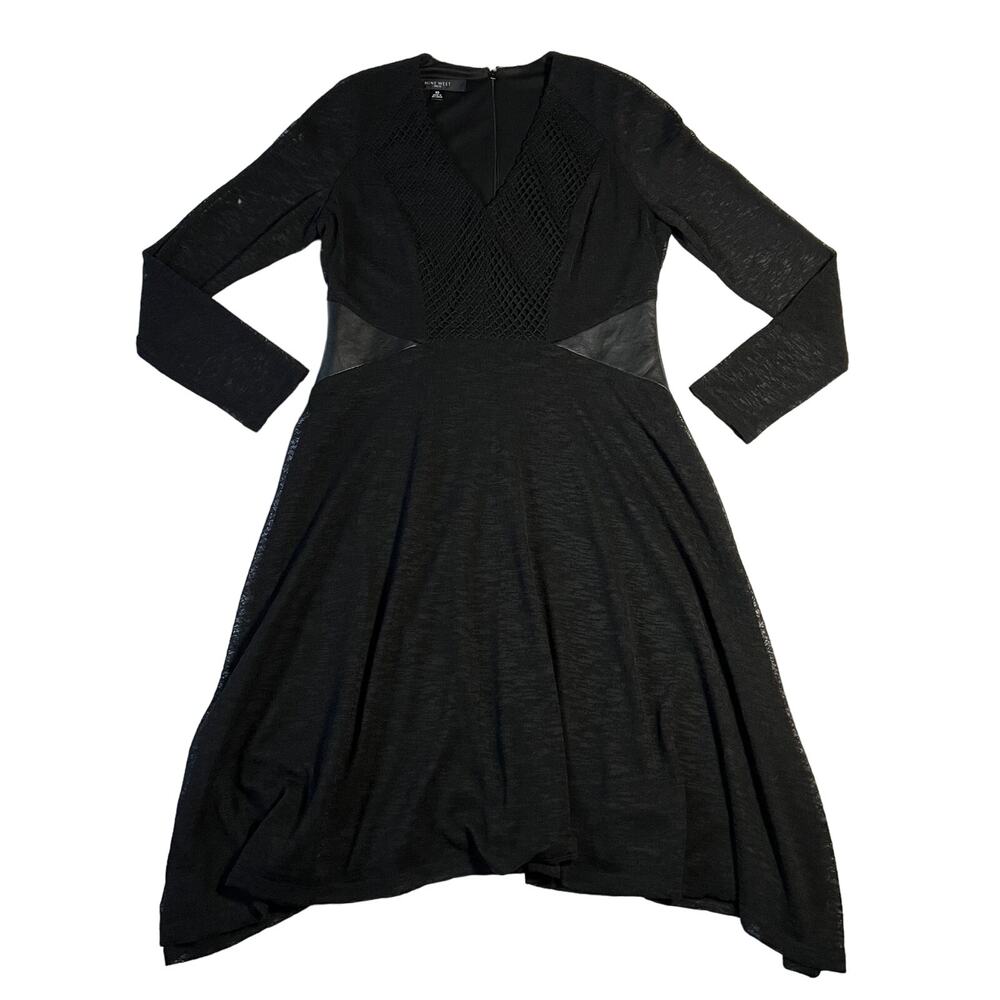Nine West V-Neck Mesh Trim Faux Leather Panel A-Line Midi Dress Size 10 Witchy